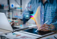 AI-driven healthcare data analytics concept with digital dashboards and decision support. 