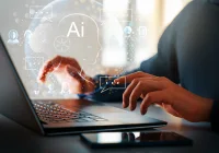 Healthcare AI concept on laptop with human profile and chat icons, symbolising model evaluation and robustness testing. 
