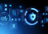 Healthcare cybersecurity concept with digital shield and medical icons, illustrating hospital IT asset inventory, device tracking and data protection. 