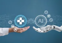 Human and robotic hands exchanging digital icons representing healthcare and artificial intelligence, symbolising AI integration in medical innovation. 