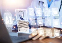 Doctor using AI to manage secure electronic health records and data privacy workflows. 