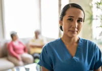 Home health care professional supporting elderly patients at home. 