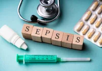Sepsis diagnosis and treatment concept with wooden blocks, stethoscope, syringe and medication.