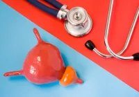 Urology and bladder health concept with anatomical model and stethoscope on coloured background. 
