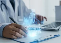 Doctor working on a laptop with a holographic patient figure, representing digital health records, clinical data and healthcare analytics.