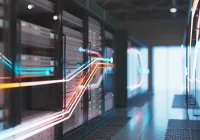 High-performance data centre with servers and illuminated network connections for digital infrastructure.