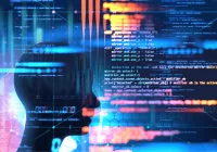 Silhouette with code and data visualisations, symbolising artificial intelligence and data analytics.