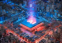 AI power and data infrastructure concept with glowing processor at the centre of a digital cityscape.