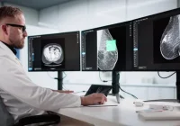 Radiologist reviewing mammography images on multiple monitors, representing breast imaging analysis and computer-assisted diagnosis.