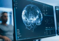 AI-assisted brain imaging analysis displayed on clinical workstation in neurology setting.