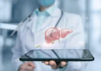 Clinician holding a tablet displaying a digital liver model, illustrating imaging visualisation, hepatology assessment and the integration of digital tools in organ-specific diagnostics.