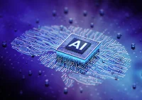 Abstract AI microchip with circuit pathways, representing advanced computing infrastructure underpinning artificial intelligence applications in healthcare data analysis and decision support.