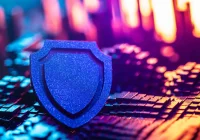 Shield icon on a digital circuit landscape, representing cybersecurity, data protection and resilience of healthcare IT systems.