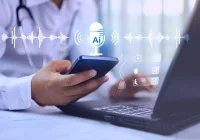 AI voice technology in healthcare concept with digital transcription, clinical documentation and medical data support.