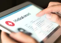 Electronic medical record on a tablet, supporting digital patient data access, clinical documentation and healthcare information management.