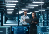 Healthcare IT professionals reviewing data centre infrastructure, supporting cloud systems, cybersecurity and secure medical data management.