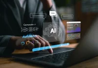 Clinician using AI-enabled healthcare technology on a laptop, supporting clinical documentation, data analysis and digital decision-making.