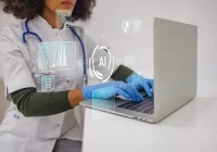Healthcare professional using AI-enabled digital health technology, supporting medical data analysis, clinical decision support and connected care workflows.