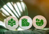 Healthcare safety and protection concept with medical insurance, workplace health and home care icons on a green sustainability background.