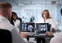 Medical team reviewing brain imaging scans, supporting neurological diagnosis, multidisciplinary collaboration and clinical decision-making.