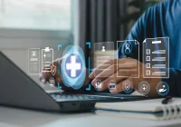 Digital healthcare network concept, supporting connected medical services, patient data exchange, interoperability and technology-enabled care.