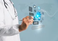 Doctor using AI governance interface, supporting ethical healthcare decisions, clinical oversight and responsible digital innovation.