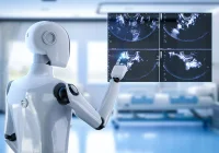 Robotic system reviewing ultrasound images, supporting AI-assisted imaging, diagnostic analysis and automated clinical workflows.