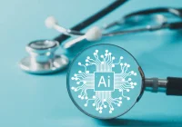 AI healthcare concept with stethoscope, supporting clinical decision support, digital diagnostics and medical innovation.