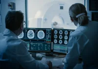 Clinician using digital imaging dashboard, supporting radiology review, diagnostic reporting, clinical analytics and care planning.