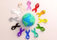 Global cancer awareness ribbons, supporting oncology advocacy, prevention campaigns, public health communication and international cancer control.