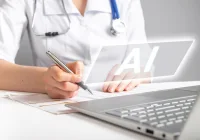 Clinician using AI-assisted documentation, supporting digital workflows, clinical reporting, decision support and healthcare data management.