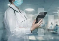 Doctor using digital healthcare workflow diagram, supporting care coordination, process mapping, interoperability and clinical data management.