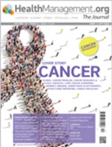 HealthManagement.org The Journal Cover showing cancer 'ribbon' made up of people coming together