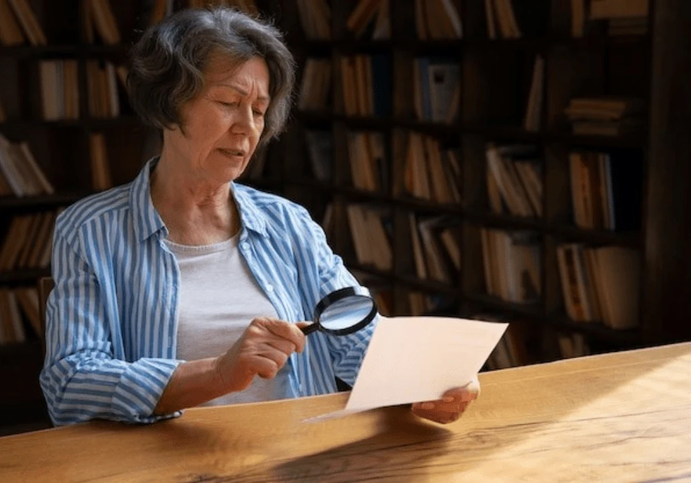 Elderly woman reading with a magnifying glass in a library 