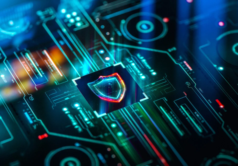 Advanced cybersecurity technology concept with digital shield on futuristic motherboard interface 