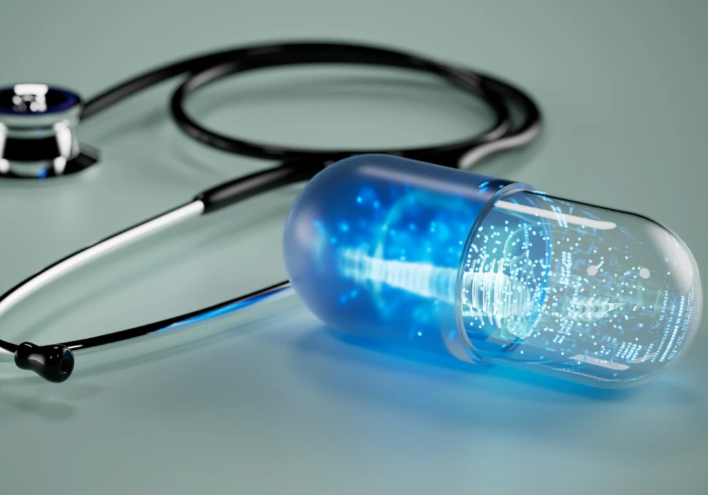 Futuristic digital capsule next to stethoscope symbolising smart medicine, personalised healthcare, and the integration of technology in modern medical treatment. 