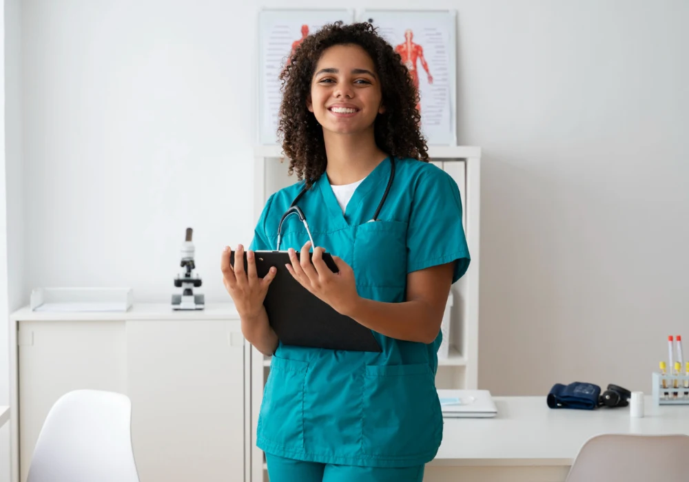 Smiling nurse using digital tablet in hospital corridor, representing modern healthcare, mobile health technology and efficient clinical communication. 