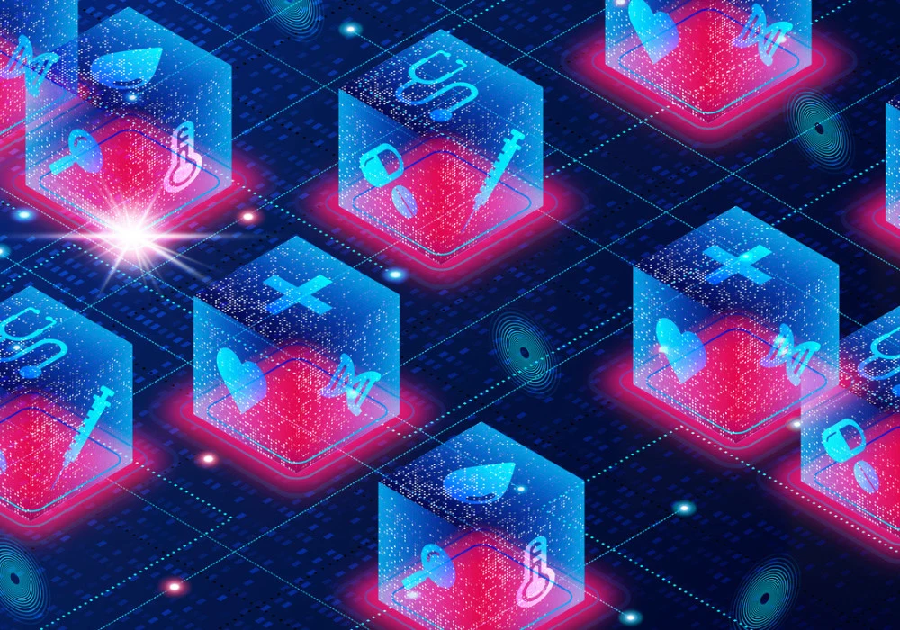 Futuristic blockchain technology in healthcare concept with glowing cubes and medical icons, representing secure data exchange, digital health records and decentralised innovation. 