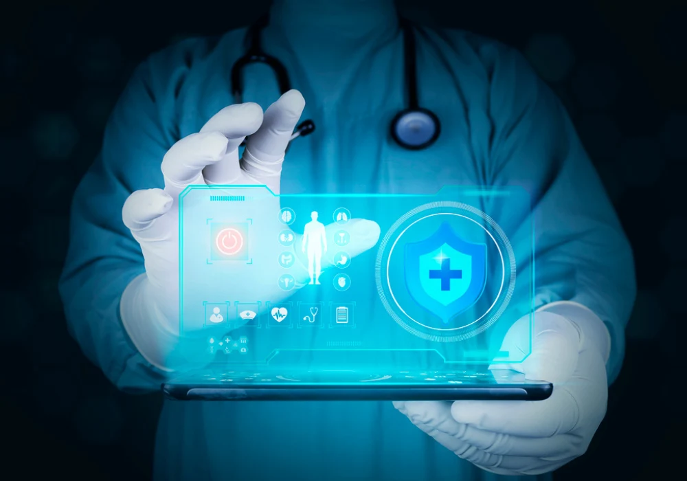 Doctor using futuristic digital health interface on tablet for medical data visualisation. 
