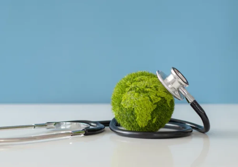 Stethoscope on green globe symbolising sustainable healthcare and environmental responsibility 