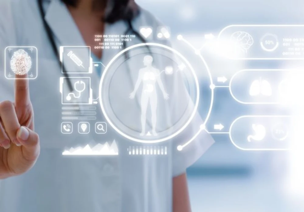 Doctor using biometric fingerprint scan for secure access to digital health records and patient data 