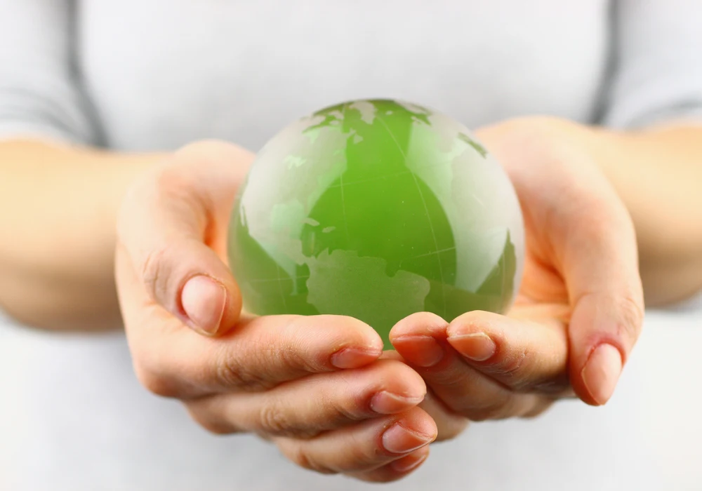 Close-up of hands holding a green globe, symbolising environmental sustainability and global responsibility. 