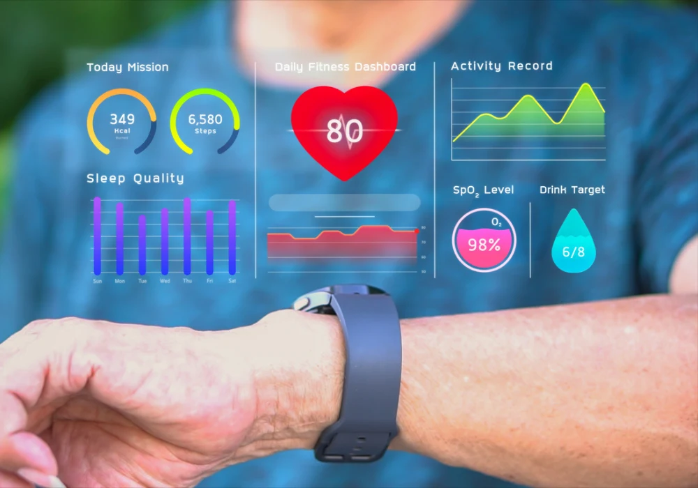 Smartwatch displaying health data including heart rate, sleep and activity tracking 