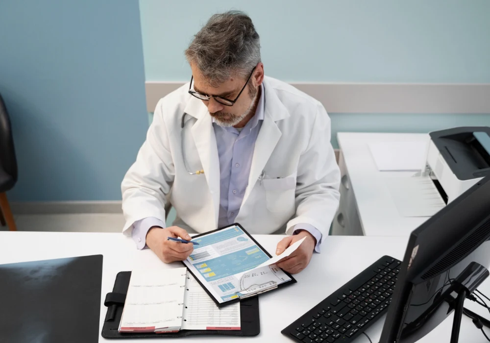 Doctor reviewing hospital budget report on a tablet. 