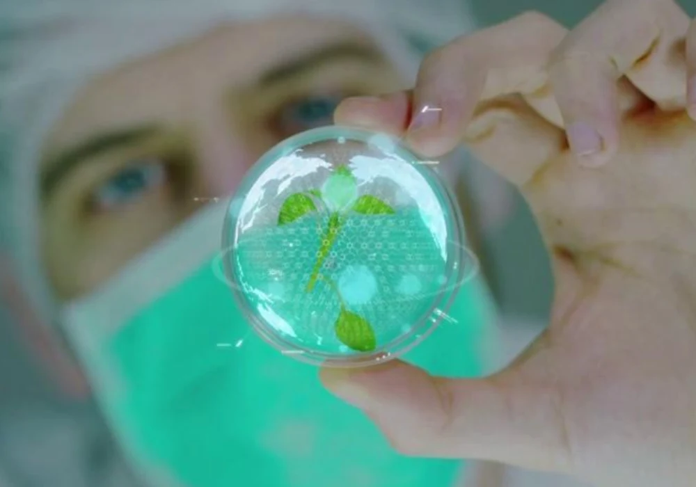 Scientist holding a petri dish with a digital globe and green sprout, symbolising sustainable technology and environmental research. 