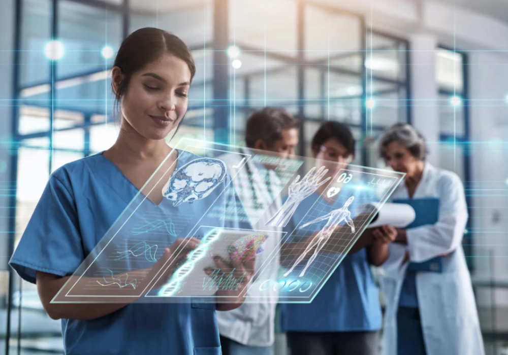 Healthcare professional using a digital tablet with holographic medical data, representing smart healthcare and digital innovation in clinical practice. 