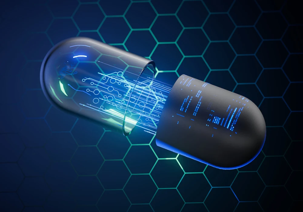 Futuristic digital illustration of a capsule symbolising the fusion of medicine and artificial intelligence through data and technology integration. 