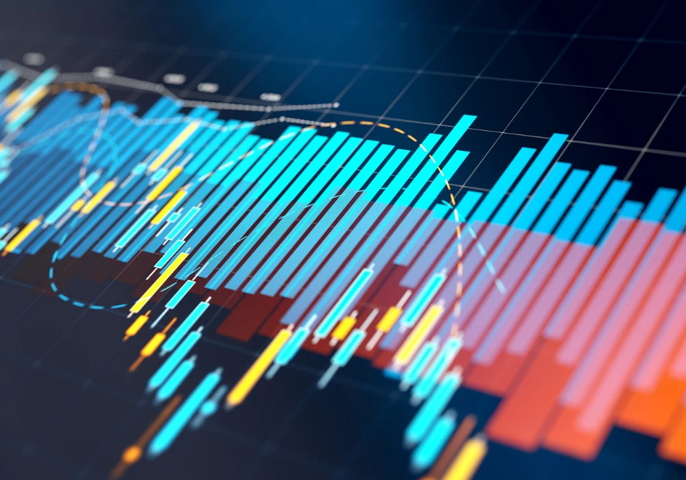  Abstract data visualisation showing dynamic bar and line charts, symbolising predictive analytics, data trends, and performance monitoring in healthcare or business intelligence. 
