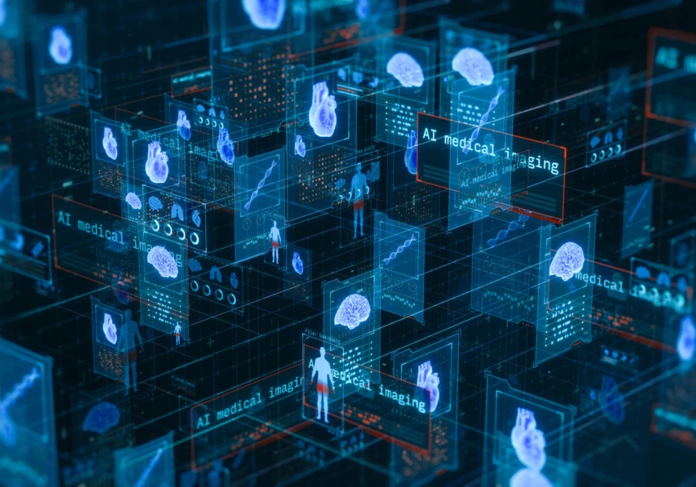 AI medical imaging dashboards with brain and heart visuals in a data grid. 