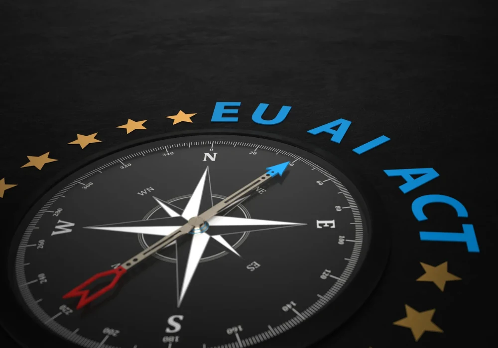 Compass pointing toward “EU AI Act” with EU stars motif. 